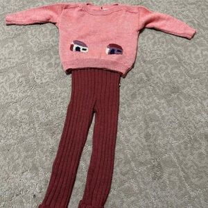 Oeuf Pink and Burgundy Knit Sweater and Pants Set 8/24 months alpaca wool